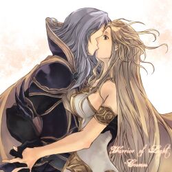  1boy armband armor bare_shoulders blonde_hair brown_eyes cosmos_(dff) couple dissidia_final_fantasy dress female female final_fantasy grey_hair helmet kannkunn kissing long_hair male very_long_hair warrior_of_light 