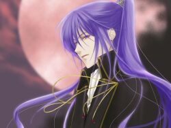  1boy earring earrings jewelry kamui_gakupo long_hair male male_focus outdoors pierced_ears ponytail purple_eyes purple_hair sky solo violet_eyes vocaloid 