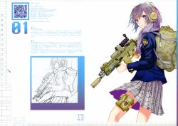  absurdres assault_rifle backpack bag blue_eyes eotech fn_scar fuyuno_haruaki gun headphones highres jacket md5_mismatch military_operator original plaid plaid_skirt purple_hair qr_code rifle scarf short_hair skirt solo suppressor techno_fuyuno thigh_strap trigger_discipline weapon 