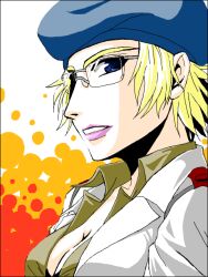  arc_the_lad arc_the_lad_twilight_of_the_spirits beret blonde_hair blue_eyes breasts cleavage dress_shirt female female glasses hat shirt short_hair solo tatjana tukisiro 