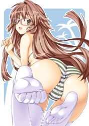  ass bikini brown_eyes brown_hair feet female fingernails from_behind glasses highres long_hair looking_back mushi024 no_shoes original panties pov_feet smile soles solo striped striped_bikini striped_panties striped_swimsuit swimsuit thigh-highs thigh_gap thighhighs toe_scrunch toes underwear white_legwear 