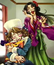  2girls anastasia_romanov black_hair blush braid brown_hair closed_eyes female hair_ornament hat japanese_clothes kimono long_hair milf multiple_girls nail_polish open_mouth saki_inugami shadow_hearts shadow_hearts_ii tamaki_kazu twin_braids window 