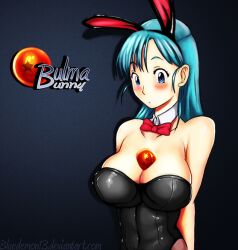  animal_ears ball banned_artist between_breasts blue_eyes blue_hair bluedemon13 blush bow bowtie breasts bulma_briefs bunny_ears bunnysuit cleavage derivative_work dragon_ball dragon_ball_(object) dragon_ball_z konkitto large_breasts long_hair pantyhose self_upload solo star third-party_edit 