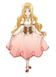  bare_shoulders blonde_hair brown_eyes dress female female footwear gensou_suikoden gensou_suikoden_v hotaruk jewelry long_hair luserina_barows necklace shoes simple_background socks solo suikoden suikoden_v 