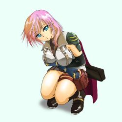  &eacute;clair_farron &eacute;clair_farron belt big_breasts blue_eyes boots breasts elbow_gloves female female final_fantasy final_fantasy_xiii fingerless_gloves full_body gloves large_breasts long_hair miniskirt mori_chu pink_hair skirt solo squat squatting 