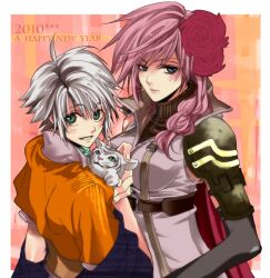  &eacute;clair_farron &eacute;clair_farron 1boy asoras asu_(asoras) belt blue_eyes couple elbow_gloves feline female female final_fantasy final_fantasy_xiii flower gloves green_eyes hair_ornament hope_estheim long_hair looking_back male pink_hair short_hair white_hair 