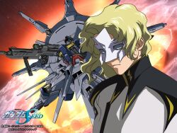  blonde_hair blonde_hair explosion gundam gundam_seed mask mecha moon providence_gundam rau_le_creuset space uniform zaft 