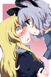  animal_ears bad_id bad_pixiv_id banned_artist blonde_hair blush brown_eyes eye_contact grey_hair hijiri_byakuren long_hair looking_at_another mouse_ears multiple_girls mushimaro nazrin noses_touching short_hair touhou yuri 