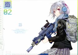  absurdres assault_rifle backpack bag eotech fn_scar fuyuno_haruaki grey_hair gun headphones highres jacket md5_mismatch military_operator original plaid plaid_skirt qr_code red_eyes rifle scarf short_hair skirt solo suppressor techno_fuyuno trigger_discipline weapon 