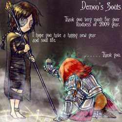  2girls anklet armor barefoot black_hair cape choker demon&#039;s_souls dress feet female from_software jewelry long_hair maiden_in_black multiple_girls pietro red_hair red_hair short_hair souls_(from_software) staff 