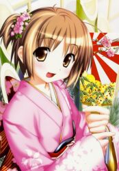  ahoge flower furisode hair_flower hair_ornament hiide japanese_clothes kimono nekomiya_nono non-web_source solo yotsunoha 