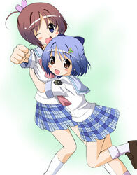  2girls ahoge amamiya_manami blush_stickers chisato_(missing_park) clenched_hand gakuen_utopia_manabi_straight! hug inamori_mika lowres massugu_go multiple_girls one_eye_closed open_mouth plaid plaid_skirt school_uniform seiou_gakuen_school_uniform skirt 