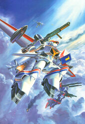  1980s_(style) acrylic_paint_(medium) battle cloud d-1 d-2 dauzhen day fire flying gun highres ishibashi_ken&#039;ichi kikou_senki_dragonar mecha no_humans non-web_source official_art painting_(medium) production_art realistic retro_artstyle rifle robot schwarg traditional_media weapon 