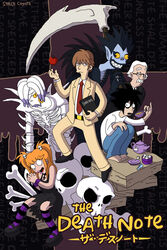  3boys amane_misa bags_under_eyes commentary_request cup death_note death_note_(object) english_commentary english_text female futurama l_(death_note) matt_groening_(style) mixed-language_commentary multiple_boys nina_matsumoto parody rem_(death_note) ryuk skull style_parody teacup the_simpsons toon_(style) watari_(death_note) yagami_light 