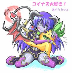  artist_request astaroth_(shinrabanshou) blue_hair blue_skin blush boots breasts closed_eyes colored_skin demon_girl female horns hug koinasu long_hair medium_breasts pointy_ears purple_footwear red_wings shinrabanshou sitting smile solo sweat tail thighhighs wariza wings 