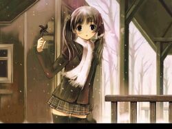  female kawata_hisashi miniskirt mizuki_mana pinwheel scarf skirt snowing solo thighhighs third-party_edit twintails white_album white_album_(series) zettai_ryouiki 