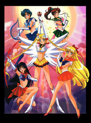  1990s_(style) 5girls aino_minako arms_up arrow_(projectile) back_bow bare_legs bishoujo_senshi_sailor_moon bishoujo_senshi_sailor_moon_stars black_hair blonde_hair blue_choker blue_footwear blue_hair blue_sailor_collar blue_skirt boots bow bow_(weapon) brooch brown_hair choker crescent crescent_facial_mark double_bun earrings elbow_gloves eternal_sailor_moon eternal_tiare facial_mark gloves green_choker green_sailor_collar green_skirt hair_bobbles hair_bun hair_ornament hairbow half_updo harp heart heart_brooch high_heels highres hino_rei holding holding_wand inner_senshi instrument jewelry kino_makoto knee_boots layered_skirt leaf long_hair magical_girl mars_arrow mars_flame_sniper mercury_harp midriff mizuno_ami multiple_girls official_art orange_choker orange_sailor_collar orange_skirt photoshop_(medium) pink_bow ponytail red_bow red_choker red_sailor_collar red_skirt retro_artstyle sailor_collar sailor_jupiter sailor_mars sailor_mercury sailor_moon sailor_senshi sailor_senshi_uniform sailor_venus scepter shoes short_hair skirt smile star_(symbol) star_choker strappy_heels super_sailor_jupiter super_sailor_mars super_sailor_mercury super_sailor_venus tamegai_katsumi third-party_edit tiara tsukino_usagi twintails venus_love_and_beauty_shock very_long_hair wand weapon white_footwear white_gloves wings yellow_skirt 