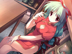  china_dress chinese_clothes cleavage_cutout clothing_cutout colorful_aquarium crossed_legs dress dutch_angle female gloves green_hair hair_ribbon kiba_satoshi long_hair purple_eyes ribbon sitting solo tooko_ferrarelle_tatsumi 