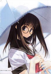  absurdres black-framed_eyewear black_hair blue_eyes blush dated female from_side glasses grin highres holding holding_umbrella kurihara_touko long_hair looking_at_viewer looking_back nakamura_takeshi neckerchief official_art over_shoulder photoshop_(medium) push!! scan scan_artifacts school_uniform serafuku shade shirt short_sleeves simple_background sleeve_cuffs smile solo source_request tenshi_no_inai_12-gatsu umbrella upper_body white_background white_shirt 