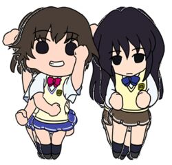  2girls animated animated chibi dancing full_body kaminagi_ryouko lowres maihama_minami_high_school_uniform misaki_shizuno multiple_girls school_uniform standing transparent_background zegapain 