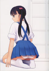  ass black_eyes black_hair blue_skirt feet female from_behind hair_bobbles hair_ornament highres hizashi_no_naka_no_real kneeling no_shoes panties pantyshot pleated_skirt scan school_uniform shirt skirt socks solo tsutsumi_kinuka twintails underwear white_panties white_shirt yukiyoshi 