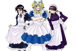  3girls alternate_costume animal_hat apron apron_lift balalaika_(black_lagoon) bell black_hair black_lagoon blonde_hair blush braid brown_hair burn_scar cat_hat cigar clothes_lift collar cosplay crossed_arms dejiko dejiko_(cosplay) di_gi_charat embarrassed enmaided fingerless_gloves glasses gloves hair_bell hair_ornament hand_on_own_hip hat hiroe_rei long_sleeves maid multiple_girls neck_bell official_art parody ponytail revy_(black_lagoon) roberta_(black_lagoon) round_eyewear scar simple_background twin_braids white_background white_gloves wrist_cuffs 