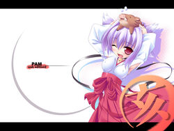  animal_ears breasts cat_ears covered_nipples female hakama hakama_skirt happy highres japanese_clothes letterboxed medium_breasts miko one_eye_closed original red_hakama skirt smile solo tachibana_surimu 