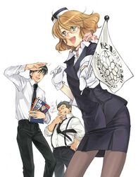  2boys ascot copyright_request female flag furudori_yayoi glasses gloves multiple_boys necktie pantyhose pencil_skirt skirt travel_attendant uniform white_flag 