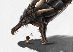  1boy adventurer_(ff11) artist_request brown_hair dragon eighth_note final_fantasy final_fantasy_xi grey_background male_focus musical_note open_mouth shadow simple_background sitting size_difference tarutaru vrtra 