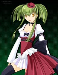  alice_vysochina alternate_costume c.c. code_geass dress female gothic_lolita green_hair hat lolita_fashion long_hair mini_hat mini_top_hat ribbon solo thighhighs top_hat twintails yellow_eyes 