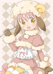  aged_down animal_ears blush copyright_request corset crochet female hatomugi_(mamotan) horns monster_girl pantyhose pink_hair sheep sheep_ears sheep_girl solo striped 