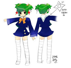  female green_hair hattori_yamame kage_kara_mamoru! long_sleeves madara_sai photoshop_(medium) school_uniform short_hair sketch thighhighs 