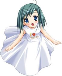  amane_sou blue_eyes dress female green_hair heart i_heart... kasugano_midori looking_at_viewer midori_no_hibi solo white_dress 