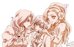  1boy 2girls code_geass cornelia_li_britannia euphemia_li_britannia feeding force-feeding iyou jpeg_artifacts lelouch_vi_britannia mizuno_poppo monochrome multiple_girls orange_theme translation_request 