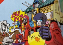  1980s_(style) 3_3 apron artist_request autobot bottle bumblebee_(transformers) canine crossover decepticon genderswap_(mtf) godai_yuusaku grimlock ichinose_hanae maison_ikkoku mecha megatron metroplex no_humans non-web_source optimus_prime otonashi_kyouko out_(magazine) parody piyo_piyo_apron retro_artstyle robot roppongi_akemi rule_63 scan souichirou_(dog) soundwave_(transformers) starscream style_parody takahashi_rumiko_(style) transformers transformers:_generation_1 yotsuya 