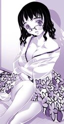  female glasses japanese_clothes kimono long_sleeves monochrome original photoshop_(medium) sokkurisan solo 