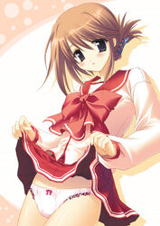  blue_eyes blush bow bow_panties brown_hair clothes_lift female folded_ponytail hair_ornament hairclip komaki_manaka lifting_own_clothes panties rakko_(makarakko) school_uniform serafuku skirt skirt_lift solo standing to_heart_(series) to_heart_2 underwear white_panties 