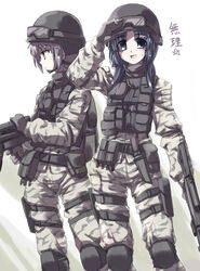  2girls :d asakura_ryouko belt_pouch blue_eyes blue_hair camouflage chin_guard gloves goggles goggles_on_head gun helmet knee_pads knife light_purple_hair load_bearing_vest long_hair long_sleeves looking_at_viewer military multiple_girls nagato_yuki open_mouth pouch shading_eyes sheath sheathed short_hair smile suzumiya_haruhi_no_yuuutsu thigh_pouch tokyo_(great_akuta) weapon yellow_eyes 