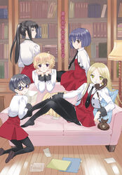  5girls black_hair black_necktie black_pantyhose bob_cut book bookshelf brown_footwear closed_mouth corded_phone couch cropped_jacket dress glasses hand_on_own_leg head_rest indoors jacket kazuto_izumi kneeling legs light_blush light_smile long_hair long_legs long_sleeves looking_at_viewer looking_back multiple_girls necktie on_couch open_clothes open_jacket open_mouth original pantyhose parted_bangs phone photoshop_(medium) pinafore_dress ponytail red_dress school_uniform shirt short_dress short_hair sitting sleeveless sleeveless_dress standing swept_bangs thighband_pantyhose translated white_jacket white_shirt wooden_floor 