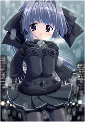  bad_id black_bow black_gloves black_pantyhose black_scarf black_skirt blue_eyes blue_hair blush bottle bow breath city drink female gloves hairbow holding holding_bottle looking_at_viewer miniskirt night original outdoors pantyhose photoshop_(medium) scarf short_hair skirt sky snow snowing solo yamabuki_zarame 