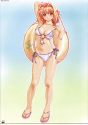  anklet armpits bikini blush bracelet breasts cleavage eyewear_hang feet female flip-flops full_body glasses highres innertube jewelry kawai_rie lovers_(game) medium_breasts orange_eyes orange_hair red_eyes red_hair ring sandals short_hair side-tie_bikini_bottom smile solo sunglasses swim_ring swimsuit toe_gojuu unworn_eyewear white_bikini 