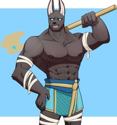  abs anthro anubian_jackal axe bandage biceps black_body blue_eyes canid canine canis clothed clothing digital_media_(artwork) hi_res jackal league_of_legends looking_at_viewer male mammal muscular muscular_anthro muscular_male nasus_(lol) nipples open_mouth pecs riot_games simple_background smile solo tencent warwickislovely 