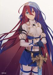  alear_(female)_(fire_emblem) alear_(fire_emblem) blue_eyes blue_gloves blue_hair blue_skirt breasts cape closed_mouth commentary_request crml_orng crossed_bangs female film_grain fire_emblem fire_emblem_engage gloves hair_between_eyes heterochromia highres holding holding_sword holding_weapon liberation_(fire_emblem) long_hair long_sleeves looking_away medium_breasts multicolored_hair red_cape red_eyes red_hair simple_background skirt smile solo split-color_hair sword tiara twitter_username two-tone_hair very_long_hair weapon white_background 