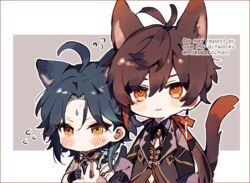  2boys ahoge animal_ears antenna_hair bad_id bad_twitter_id bead_necklace beads black_hair blush brown_hair cat_ears cat_tail chibi commentary earrings facial_mark flying_sweatdrops forehead_mark genshin_impact gloves gradient_hair green_hair jacket jewelry long_hair long_sleeves male_focus mikoccccchan multicolored_hair multiple_boys necklace no_mouth orange_hair ponytail simple_background single_earring smile sweat symbol-only_commentary tail two-tone_background xiao_(genshin_impact) yellow_eyes zhongli_(genshin_impact) 