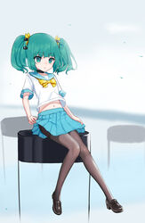  :&lt; acfun black_footwear black_pantyhose blunt_bangs blurry blurry_background blush bow bowtie chaowei_suzhi female flat_chest full_body green_eyes green_hair green_sailor_collar green_skirt grey_background hair_ornament hairbow highres loafers looking_down medium_hair midriff miniskirt navel pantyhose pleated_skirt reed_girl sailor_collar school_uniform serafuku shoes short_eyebrows short_sleeves sitting sitting_on_object skirt skirt_hold solo third-party_source twintails yellow_bow yellow_bowtie 