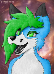  anthro black_tongue blue_body blue_fur canid canine femboy fox fur green_eyelids green_hair hair hi_res male mammal snout_notch solo teeth tokalathefox tongue 