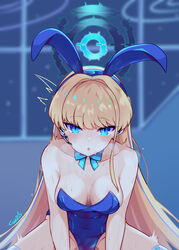  animal_ears arms_between_legs bare_shoulders blonde_hair blue_archive blue_bow blue_bowtie blue_eyes blue_halo blue_leotard blush bow bowtie breasts chaoschao cleavage commentary covered_navel detached_collar english_commentary fake_animal_ears female halo headset highres implied_sex legs_apart leotard long_hair looking_at_viewer medium_breasts motion_lines no_bra official_alternate_costume open_mouth playboy_bunny rabbit_ears solo straddling strapless strapless_leotard thighhighs toki_(blue_archive) toki_(bunny)_(blue_archive) trembling very_long_hair 