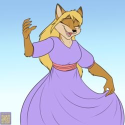  1:1 anthro black_nose breasts brown_body brown_fur brown_hair canid canine closed_eyes clothing dancing dipstick_ears dress ear_markings female fox foxenawolf fur gradient_background hair jennifer_sherwood mammal multicolored_ears open_mouth simple_background solo teeth 