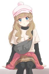  :o arm_support bad_id bad_twitter_id black_pantyhose black_shirt blue_eyes blunt_bangs blush brown_skirt cabbie_hat clothes_around_waist commentary cowboy_shot crescent crescent_earrings earrings fanny_pack female grey_bag hat highres inactive_account jewelry light_brown_hair long_sleeves looking_at_viewer mewkledreamy miniskirt open_mouth pantyhose pink_hat pink_sweater pom_pom_(clothes) shirt shirt_under_shirt short_sleeves simple_background sincos single_stripe sitting skirt solo star_(symbol) star_and_crescent star_earrings star_in_eye streetwear sweater sweater_around_waist symbol_in_eye t-shirt tsukishima_maira undershirt wavy_hair white_background white_shirt 