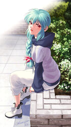  :d blue_hair bow braid braided_ponytail female from_side full_body grey_sweater hair_between_eyes hair_over_shoulder hairbow hood hood_down hooded_sweater imuro long_hair long_sleeves open_mouth pants red_bow red_eyes sitting smile solo sweater twitter_username white_footwear white_pants yu_yu_hakusho yukina_(yu_yu_hakusho) 